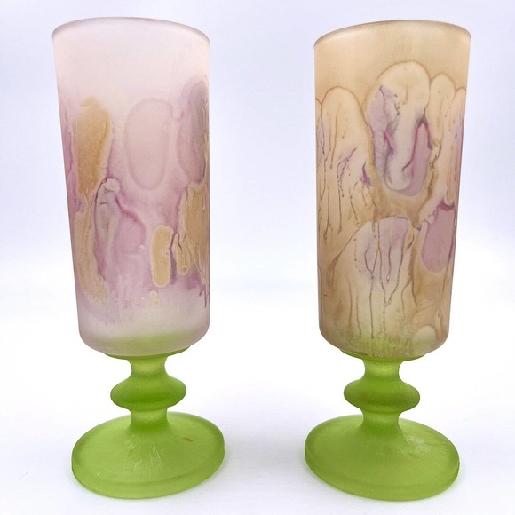 Unbranded Other - Satin Art Glass Champagne Flutes 2 Painted Frosted Green Textured Stems Cordial